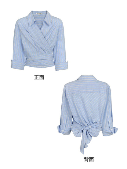 Xia Shiwen Blues Blues cotton and linen blended shirt women's design wrap-style three-quarter sleeve strappy top