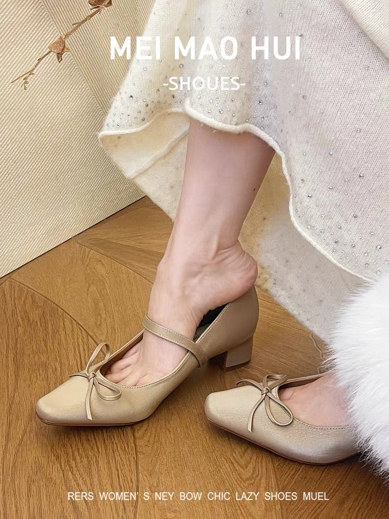 Genuine Leather – French-Style Square-Toe Mary Janes with Bow and Ankle Strap (Size 40, Mid-High Block Heel)