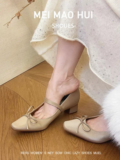 Genuine Leather – French-Style Square-Toe Mary Janes with Bow and Ankle Strap (Size 40, Mid-High Block Heel)