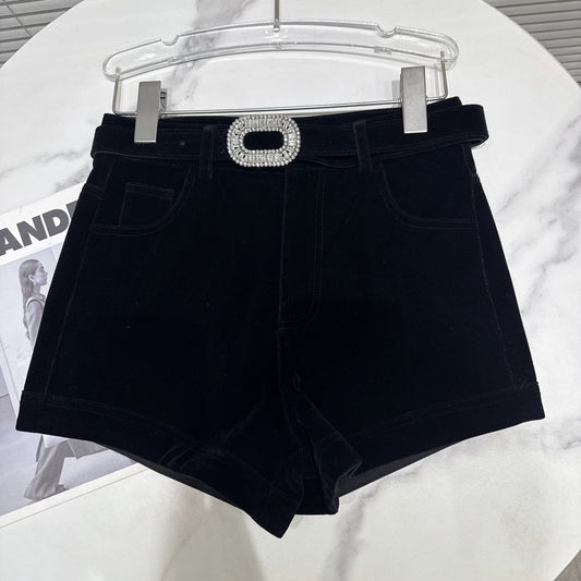 Popular online style 2025 winter new French fashion rhinestone buckle with belt design velvet three-quarter shorts bootcut pants