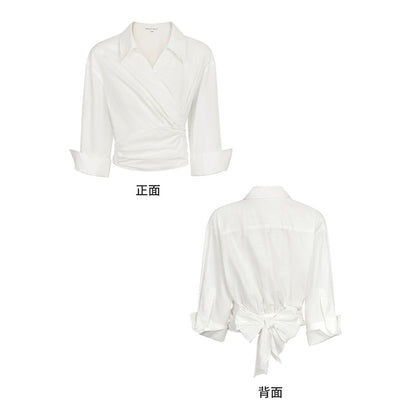 Xia Shiwen Blues Blues cotton and linen blended shirt women's design wrap-style three-quarter sleeve strappy top