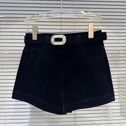 Popular online style 2025 winter new French fashion rhinestone buckle with belt design velvet three-quarter shorts bootcut pants