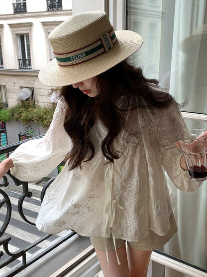 Xia Shiwen Floating Flowers Like a Dream Lyocell embroidered national style lace-up shirt for women summer lantern sleeve round neck chic top