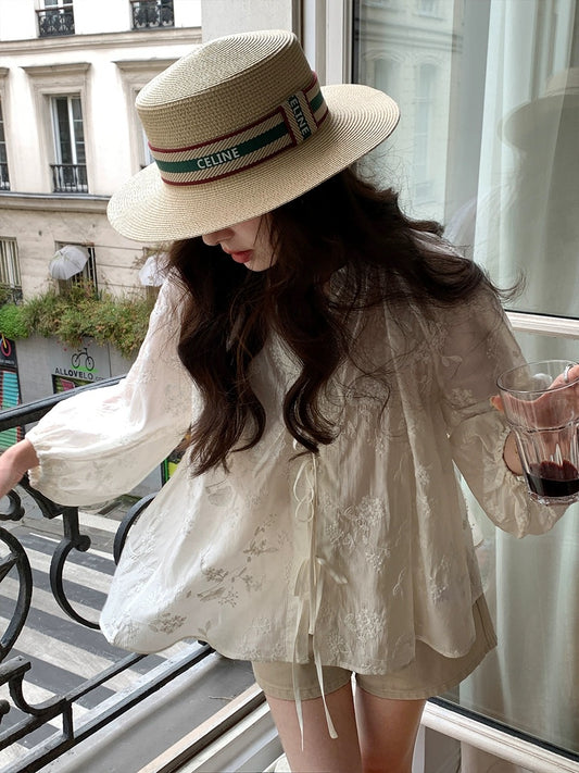 Xia Shiwen Floating Flowers Like a Dream Lyocell embroidered national style lace-up shirt for women summer lantern sleeve round neck chic top