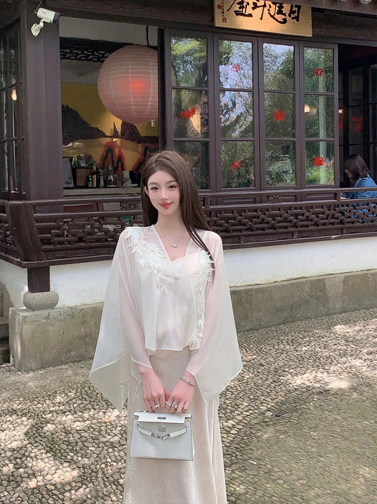 FairyJiang new Chinese style white shawl chiffon cardigan coat suit women's camisole two-piece set