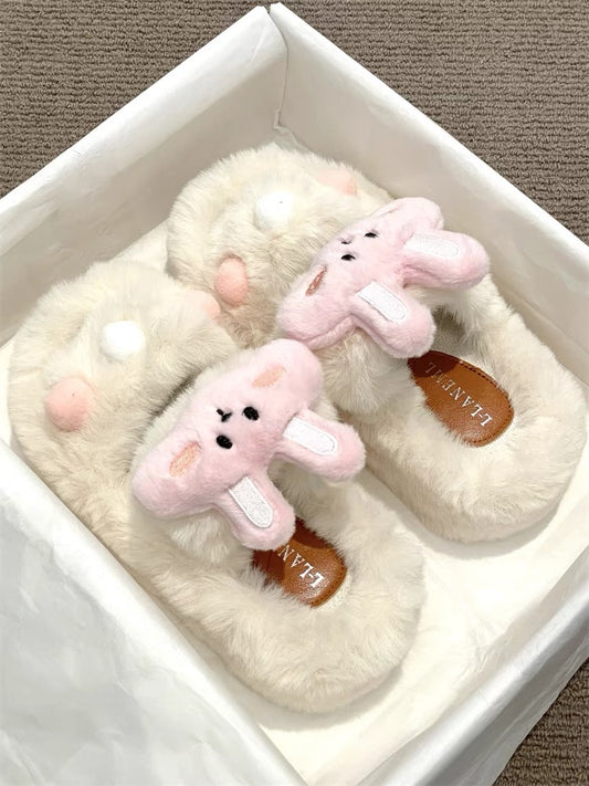 Cute and versatile rabbit thick-soled fur slippers for women's outer wear 2023 autumn and winter new comfortable one-line cotton slippers