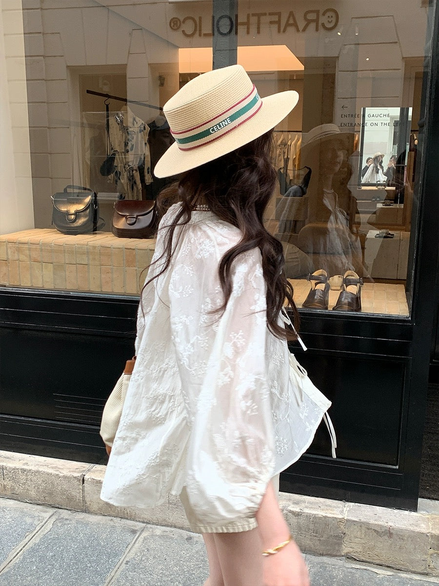 Xia Shiwen Floating Flowers Like a Dream Lyocell embroidered national style lace-up shirt for women summer lantern sleeve round neck chic top