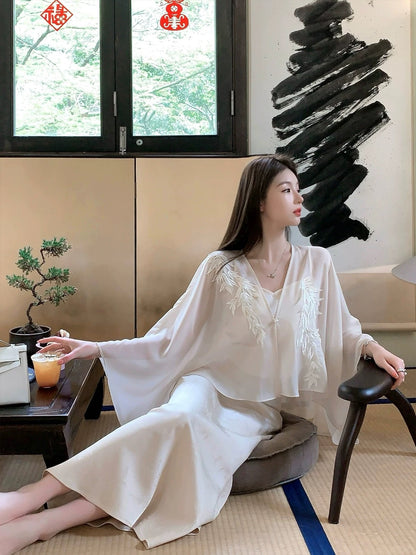 FairyJiang new Chinese style white shawl chiffon cardigan coat suit women's camisole two-piece set