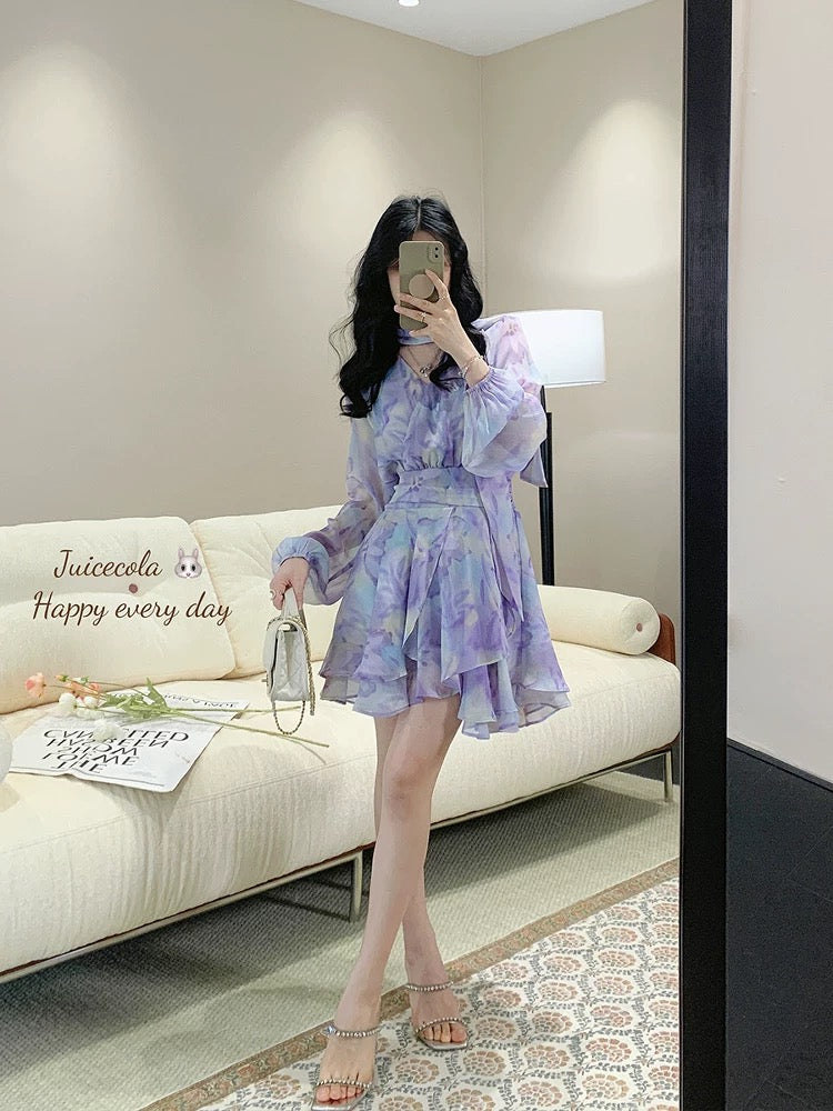 juicecola ruffled fairy irregular purple air from the east print ribbon slim dream dress