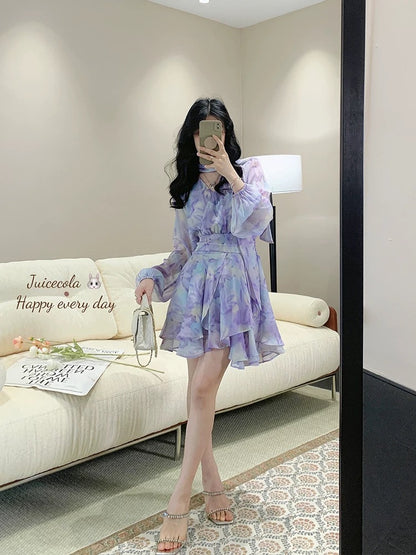 juicecola ruffled fairy irregular purple air from the east print ribbon slim dream dress