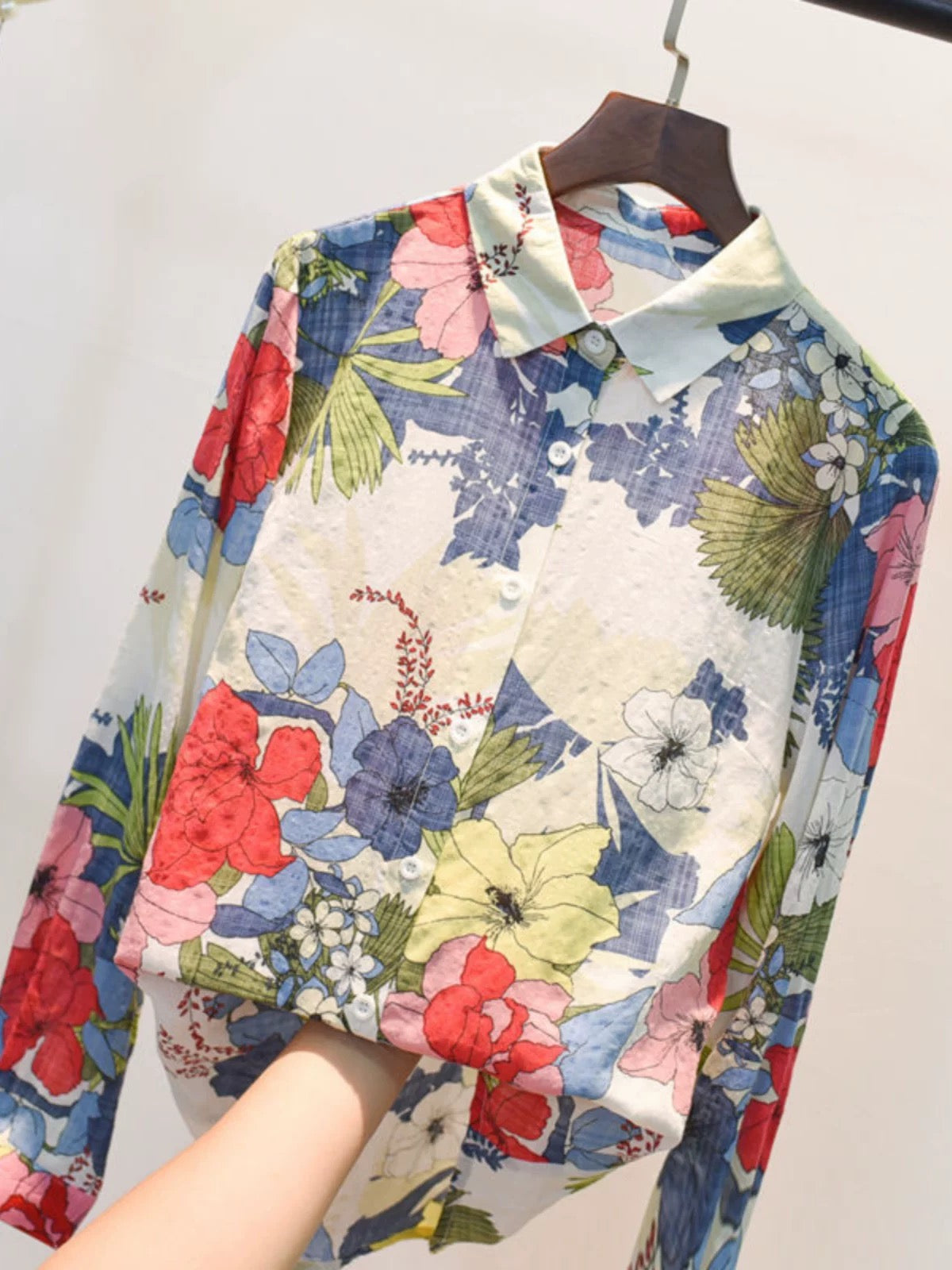 Brand Discount Store Genuine Women's Printed Shirt Women's Retro Spring and Autumn Loose Cotton and Linen Floral Top Women's Summer Long Sleeve