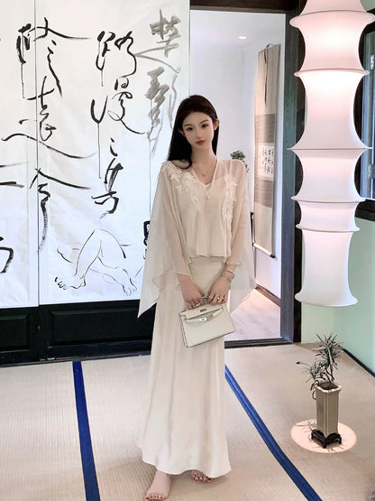 FairyJiang new Chinese style white shawl chiffon cardigan coat suit women's camisole two-piece set