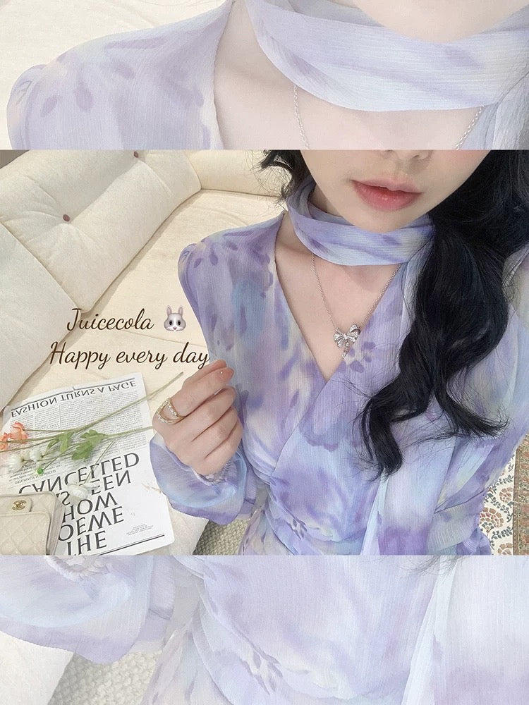 juicecola ruffled fairy irregular purple air from the east print ribbon slim dream dress
