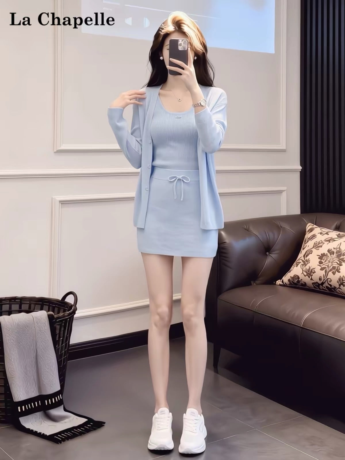 La Chapelle Women's Stylish 3-Piece Knit Set (Cardigan, Tank Top, Mini Skirt) – Versatile, Relaxed, and Casual Athleisure Style for Spring & Autumn