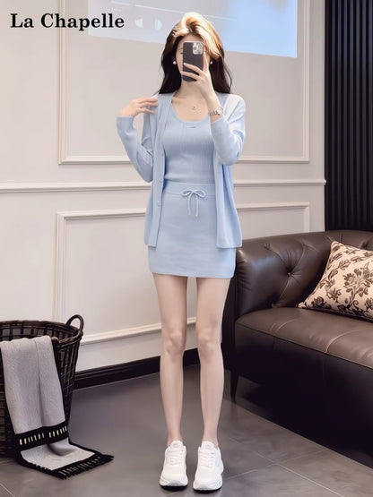 La Chapelle Women's Stylish 3-Piece Knit Set (Cardigan, Tank Top, Mini Skirt) – Versatile, Relaxed, and Casual Athleisure Style for Spring & Autumn