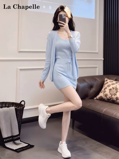 La Chapelle Women's Stylish 3-Piece Knit Set (Cardigan, Tank Top, Mini Skirt) – Versatile, Relaxed, and Casual Athleisure Style for Spring & Autumn