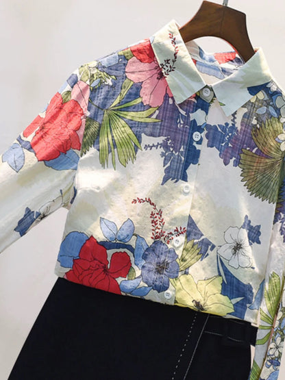 Brand Discount Store Genuine Women's Printed Shirt Women's Retro Spring and Autumn Loose Cotton and Linen Floral Top Women's Summer Long Sleeve
