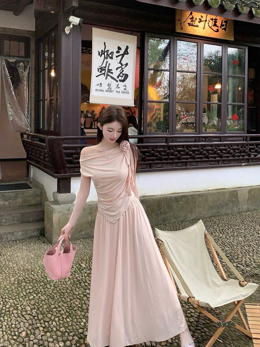 FairyJiang summer pink off-shoulder knitted T-shirt suit women's high-waisted long skirt two-piece set including corsage