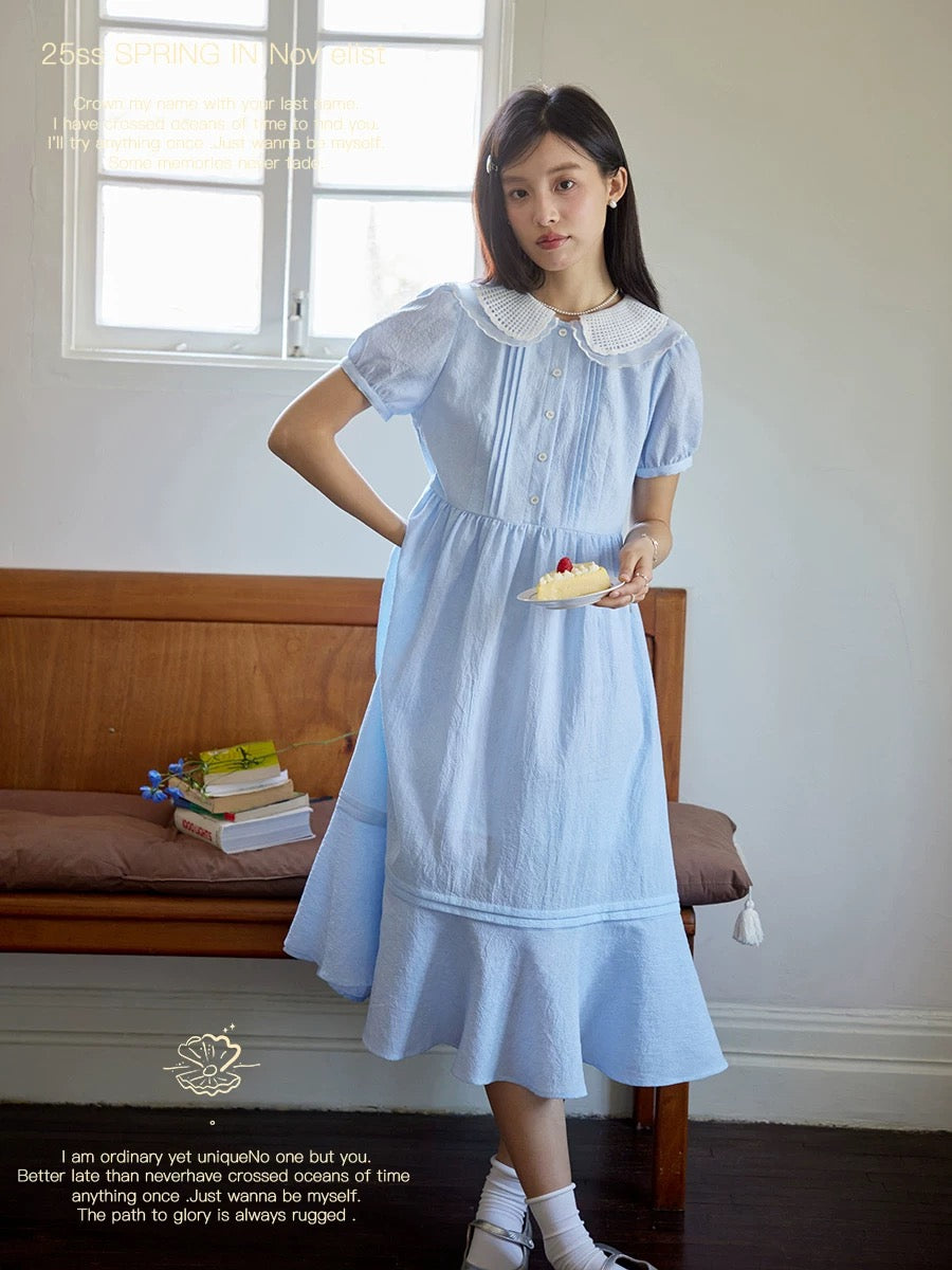 Nov elist - Double-layered lace collar tucked ruffle dress, fresh blue skirt