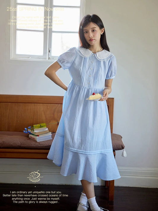 Nov elist - Double-layered lace collar tucked ruffle dress, fresh blue skirt