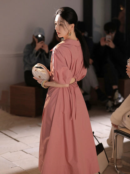 Xia Shiwen hourglass shirt dress, slightly exposed waist design dress, women's slimming summer new a-line mid-length skirt