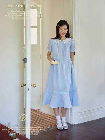 Nov elist - Double-layered lace collar tucked ruffle dress, fresh blue skirt