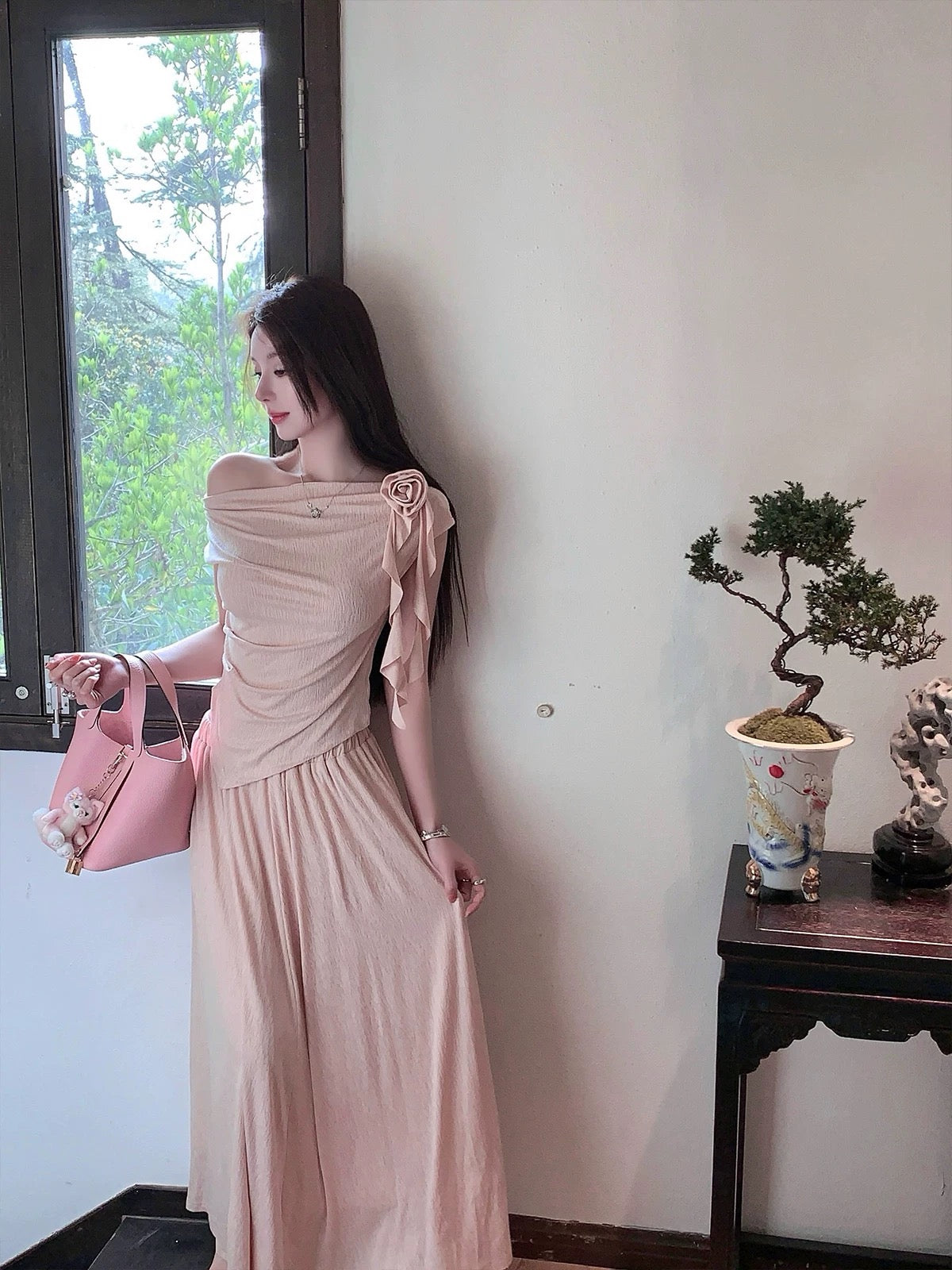 FairyJiang summer pink off-shoulder knitted T-shirt suit women's high-waisted long skirt two-piece set including corsage