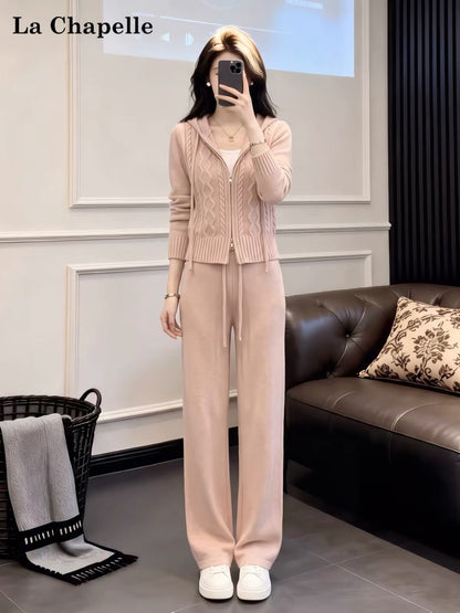 La Chapelle Pink Casual Athleisure Set (Korean Style): Knit Cardigan & Wide-Leg Pants Two-Piece Outfit