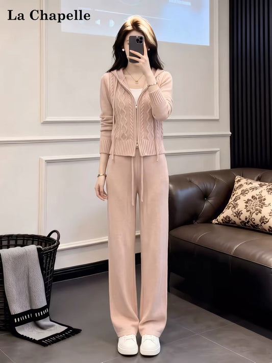 La Chapelle Pink Casual Athleisure Set (Korean Style): Knit Cardigan & Wide-Leg Pants Two-Piece Outfit