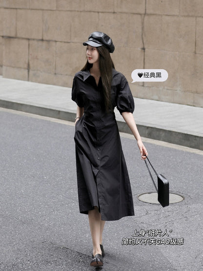 Xia Shiwen hourglass shirt dress, slightly exposed waist design dress, women's slimming summer new a-line mid-length skirt