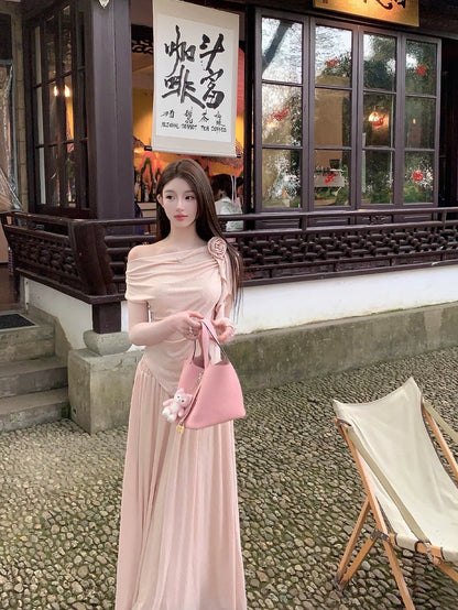 FairyJiang summer pink off-shoulder knitted T-shirt suit women's high-waisted long skirt two-piece set including corsage