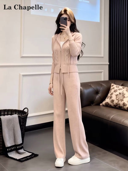 La Chapelle Pink Casual Athleisure Set (Korean Style): Knit Cardigan & Wide-Leg Pants Two-Piece Outfit