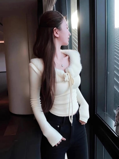 Autumn/Winter French-style soft white fur collar tie-front slim fit base layer top for women, high-end long-sleeved top
