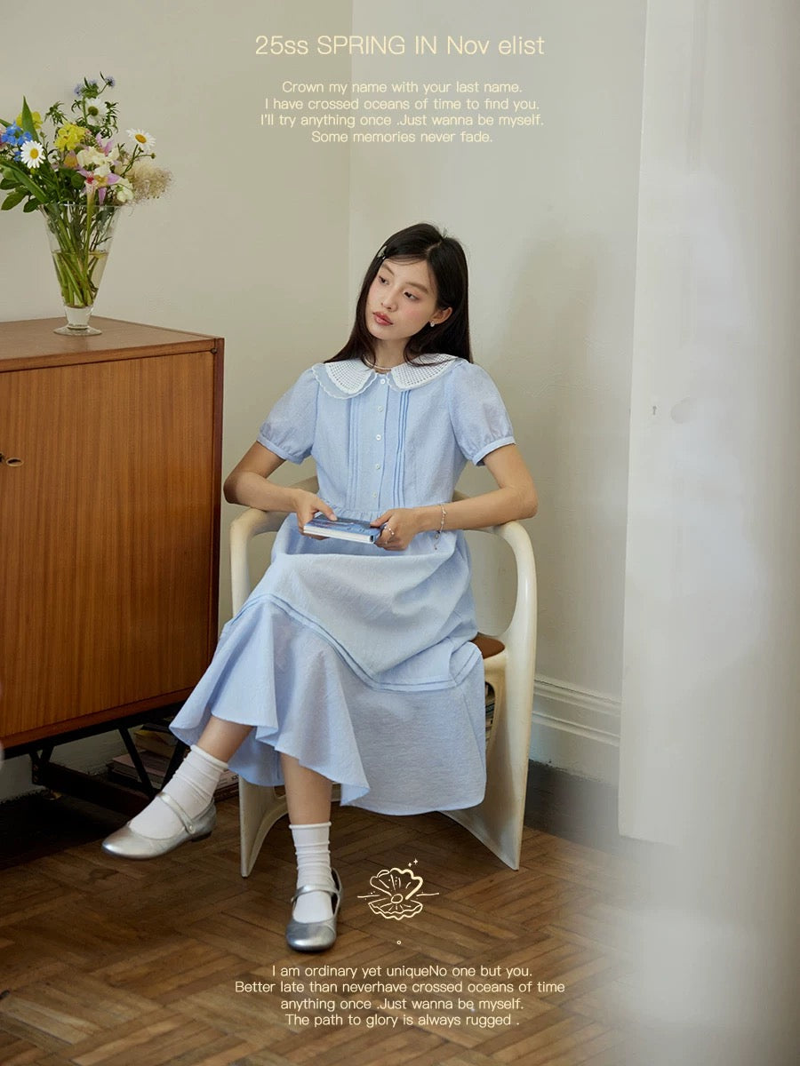 Nov elist - Double-layered lace collar tucked ruffle dress, fresh blue skirt