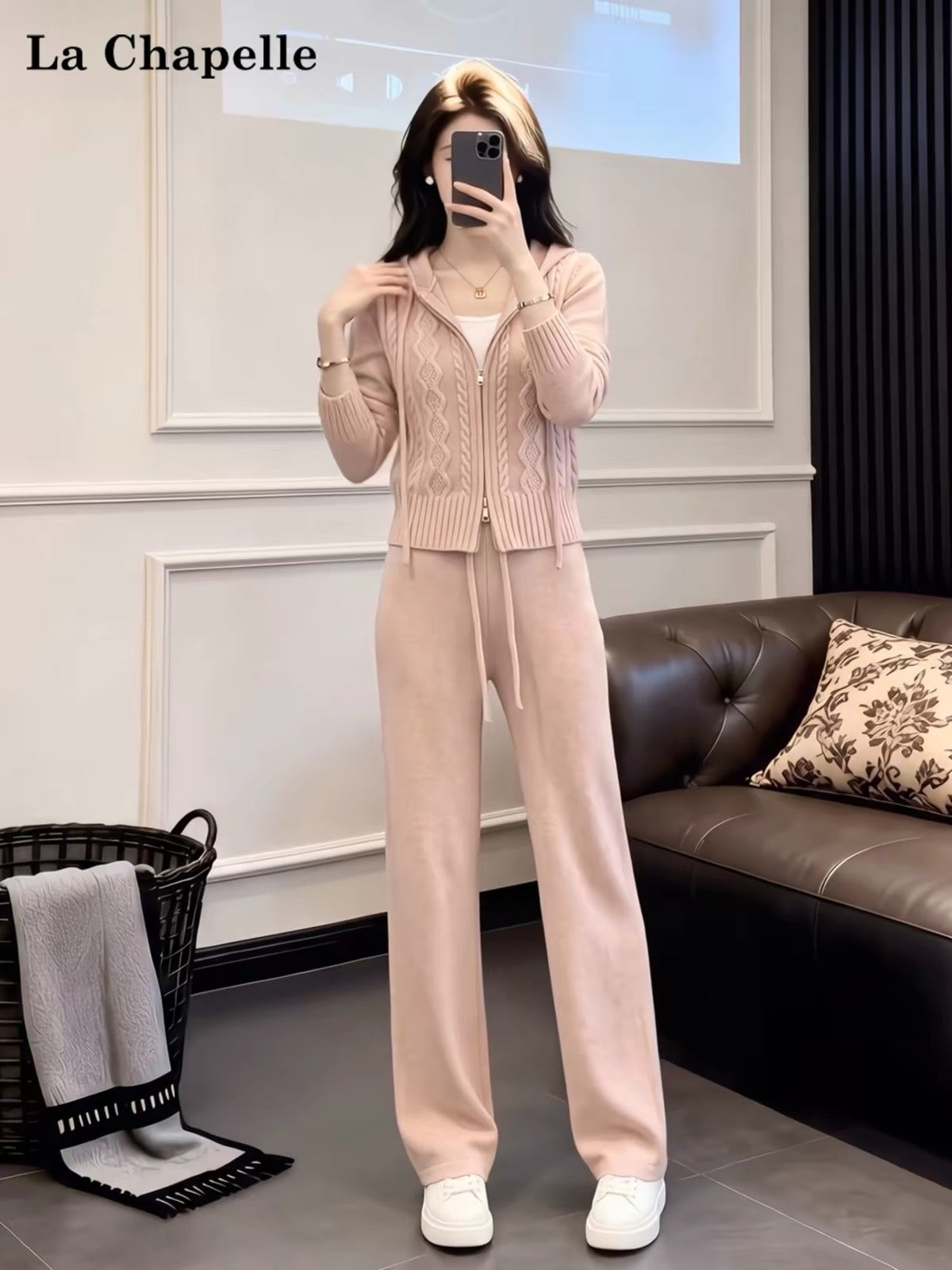 La Chapelle Pink Casual Athleisure Set (Korean Style): Knit Cardigan & Wide-Leg Pants Two-Piece Outfit