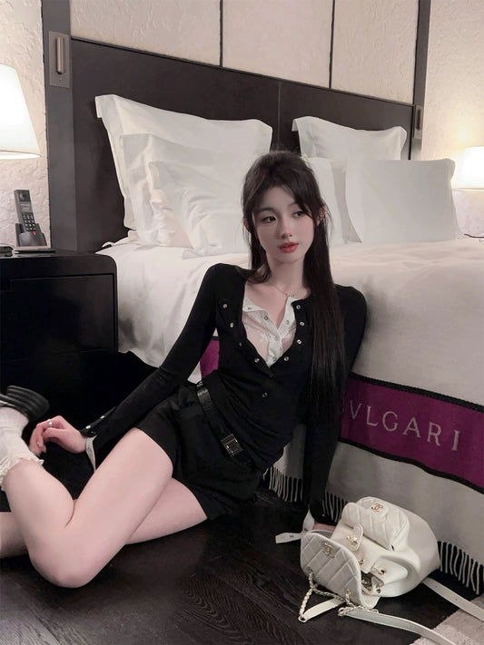 FairyJiang fake two-piece lace-lined black wool T-shirt for women slim-fitting long-sleeved bottoming shirt top
