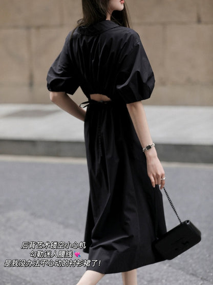 Xia Shiwen hourglass shirt dress, slightly exposed waist design dress, women's slimming summer new a-line mid-length skirt
