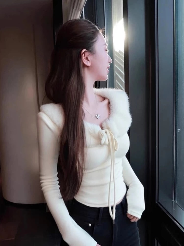Autumn/Winter French-style soft white fur collar tie-front slim fit base layer top for women, high-end long-sleeved top