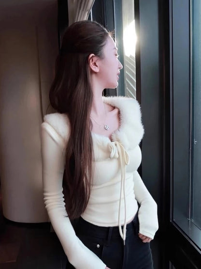 Autumn/Winter French-style soft white fur collar tie-front slim fit base layer top for women, high-end long-sleeved top