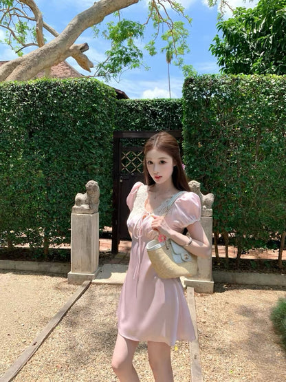 JUNSTUDIO [Ch10e Heiress] Pink Lace Crochet Satin Dress