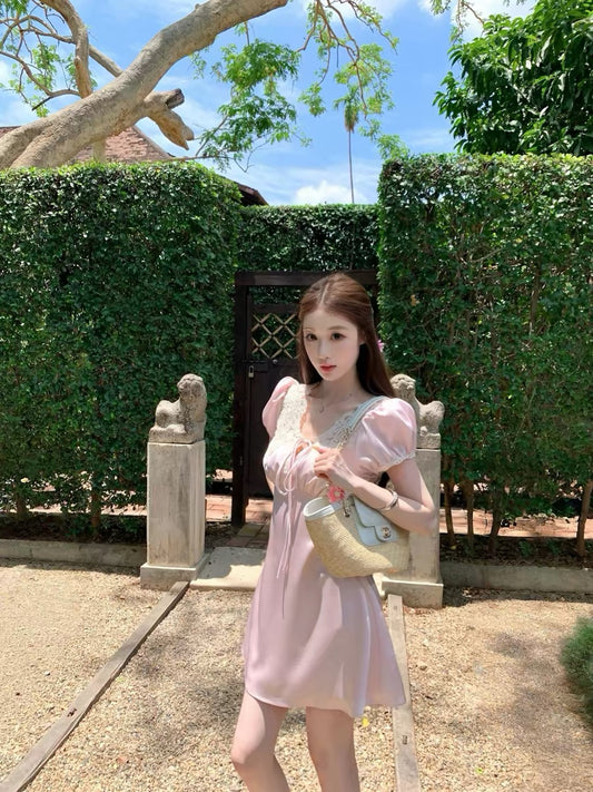 JUNSTUDIO [Ch10e Heiress] Pink Lace Crochet Satin Dress