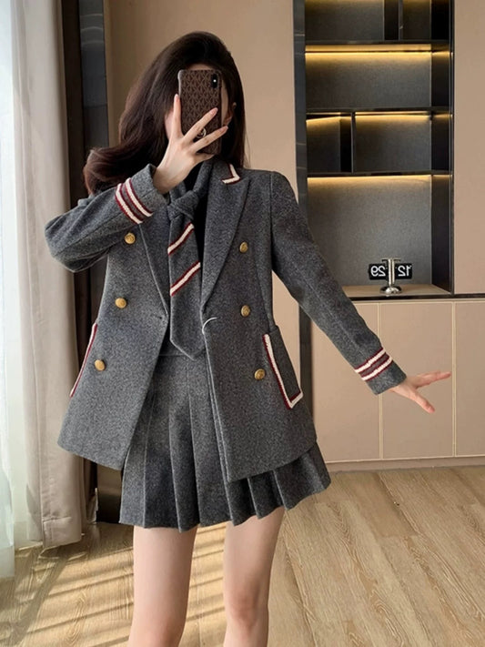 Autumn and winter light luxury and high-end college style small suit suit for women, autumn pleated skirt two-piece set, small fragrant style women's clothing, slimming