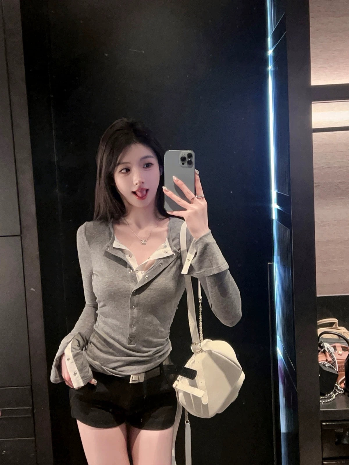 FairyJiang fake two-piece lace-lined black wool T-shirt for women slim-fitting long-sleeved bottoming shirt top