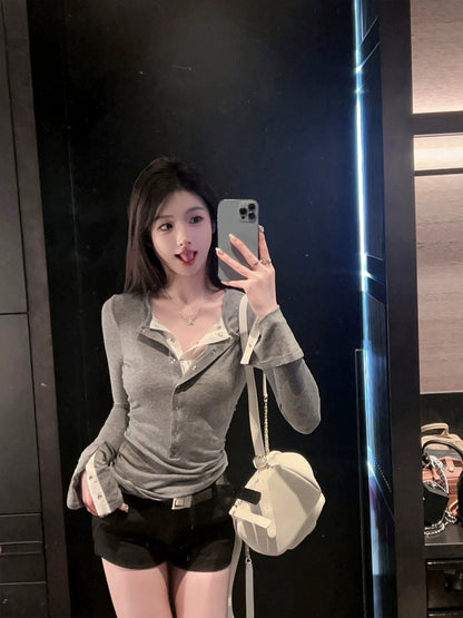 FairyJiang fake two-piece lace-lined black wool T-shirt for women slim-fitting long-sleeved bottoming shirt top