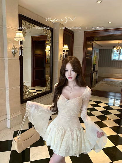 Catyear's Year of the Cat - Light gauze floral dress with a pure, ethereal, subtly shimmering sequined lace and hazy bell sleeves.