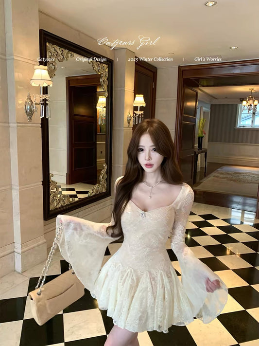 Catyear's Year of the Cat - Light gauze floral dress with a pure, ethereal, subtly shimmering sequined lace and hazy bell sleeves.