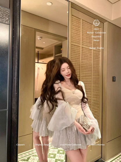 Catyear's Year of the Cat - Light gauze floral dress with a pure, ethereal, subtly shimmering sequined lace and hazy bell sleeves.