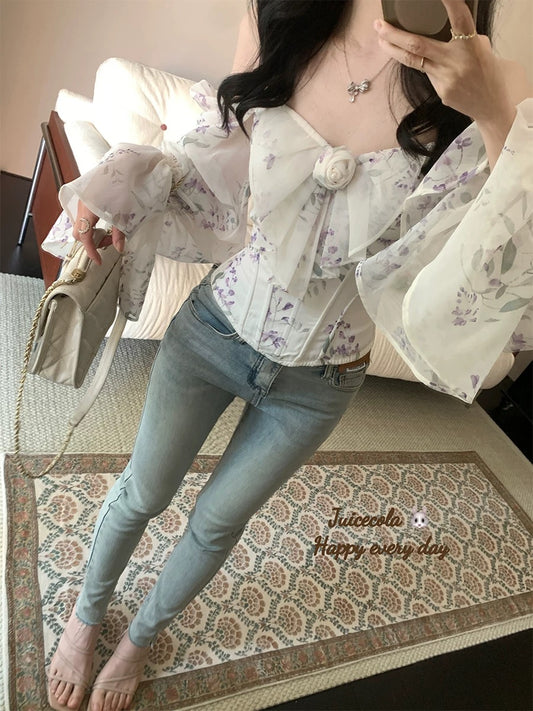 juicecola American unique fragrance purple print with chest pad design niche waist slimming top