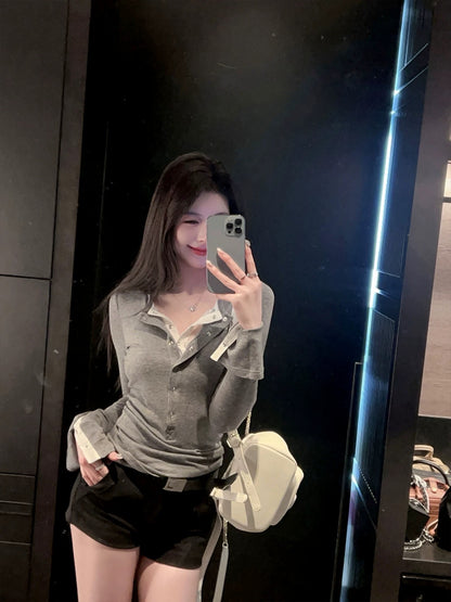FairyJiang fake two-piece lace-lined black wool T-shirt for women slim-fitting long-sleeved bottoming shirt top