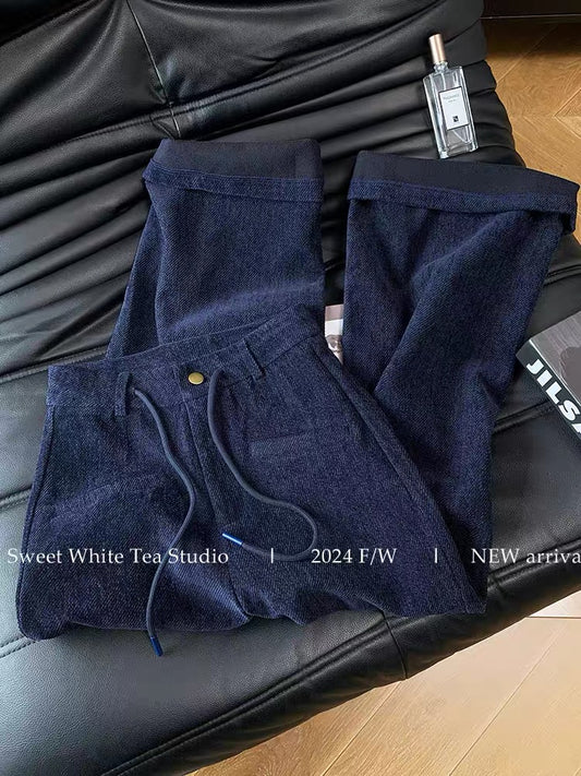 Find a bargain in Nanyou! Retro high-waisted, drawstring, loose-fitting wide-leg trousers in blue corduroy, women's casual pants.